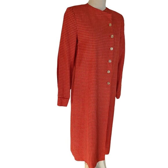 Evan Picone Red 80s Coat Dress Size 10 Asymmetrical Button Up Red Plaid - Picture 10 of 13